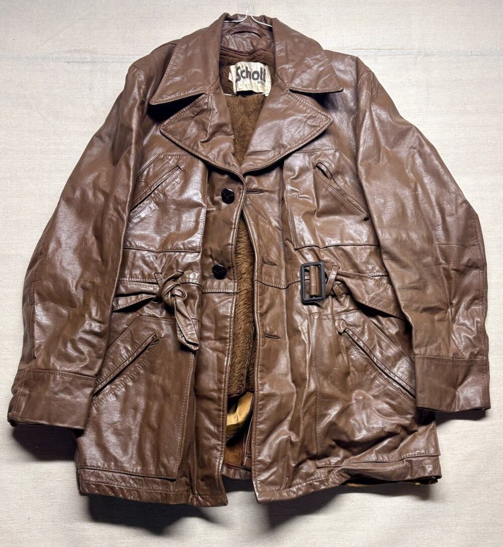 Vintage Schott Bros. Brown Leather Jacket Belted Faux Fur Lined Jacket S 44 USA